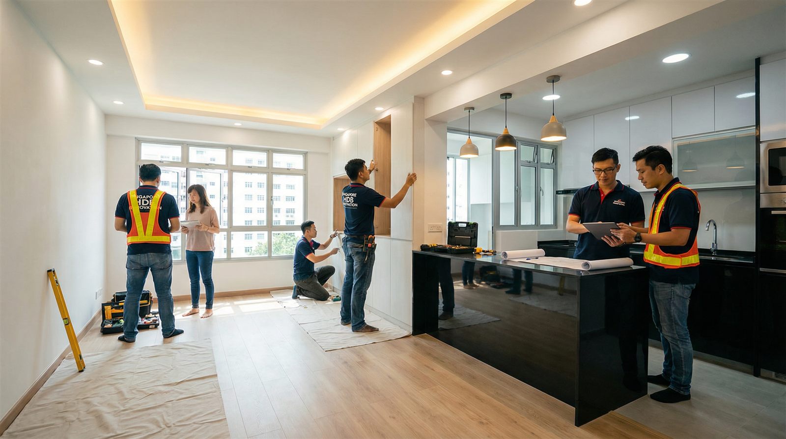 Organised contractor tools, plans, and repair checklist for Singapore service work
